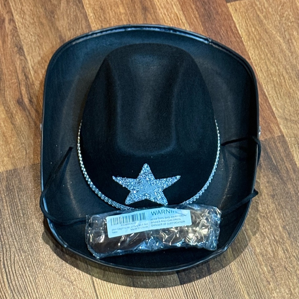 Black Cowboy Hat with Silver Star With Black Heart Glasses